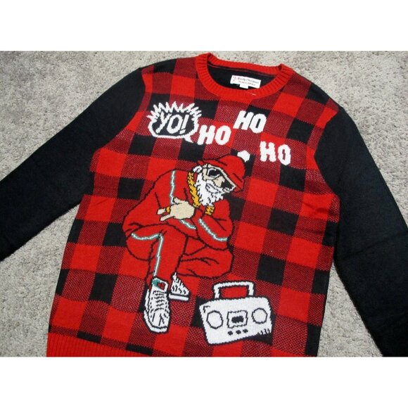 Yo! Ho Ho Ho Santa Ugly Holiday Christmas Sweater sz L red plaid hip hop run dmc - Picture 1 of 5